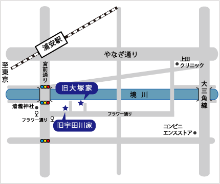 旧宇田川家・旧大塚家の周辺地図